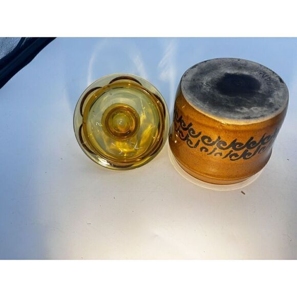 Vintage MCM Japanese Stoneware Small Yellow Crock with Brown Lid Sugar Bowl Butt - Picture 6 of 15